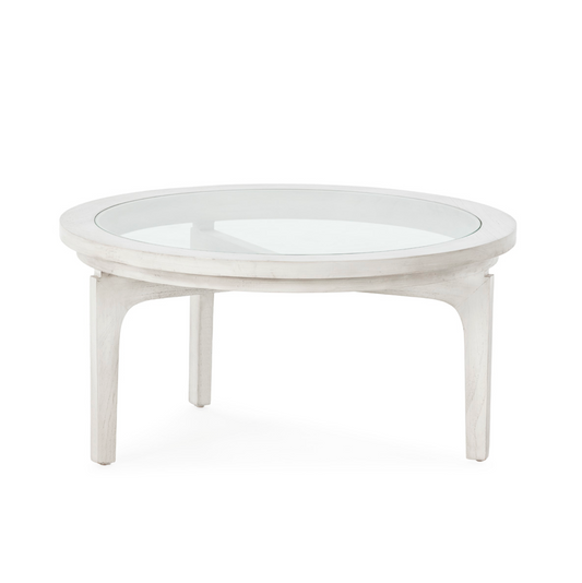 MESA DE CENTRO REDONDA MADERA CEDRO/CRISTAL EN BLANCO