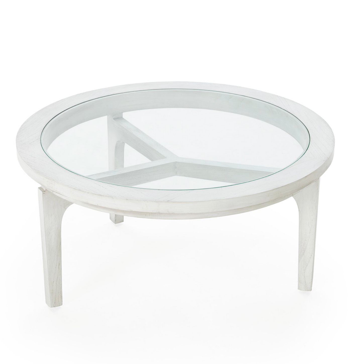 MESA DE CENTRO REDONDA MADERA CEDRO/CRISTAL EN BLANCO