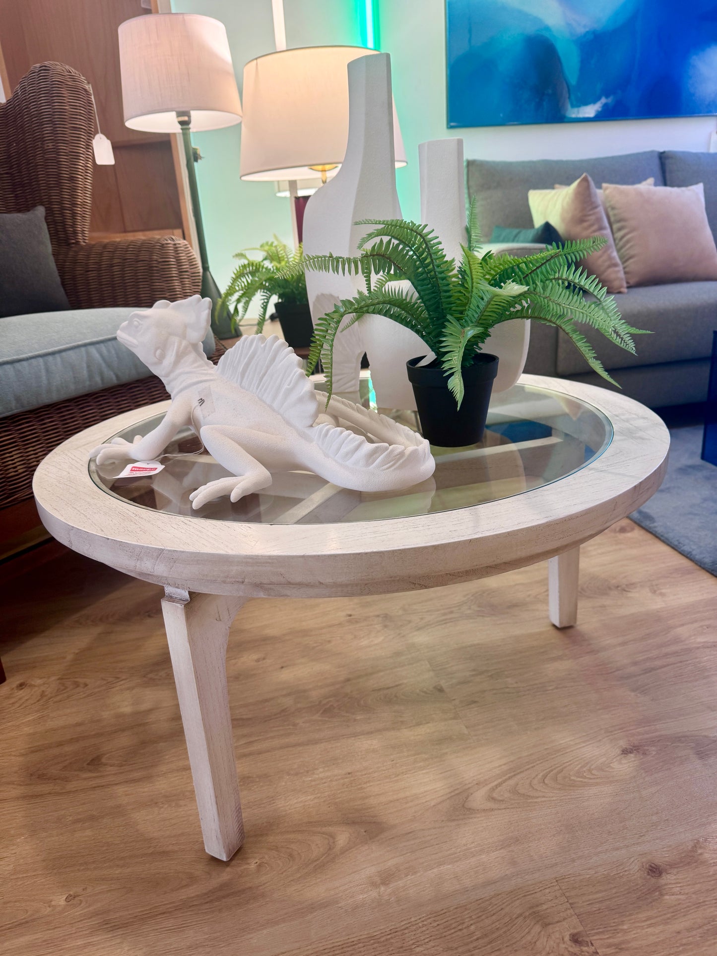 MESA DE CENTRO REDONDA MADERA CEDRO/CRISTAL EN BLANCO